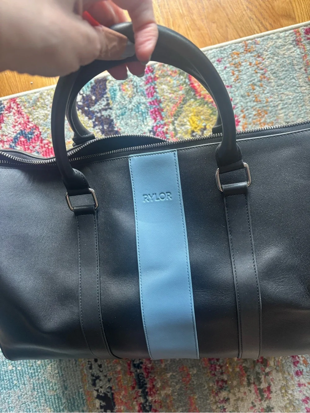 Rylor Black and Light Blue Heritage Stripe Weekender Leather Duffel Bag Unisex